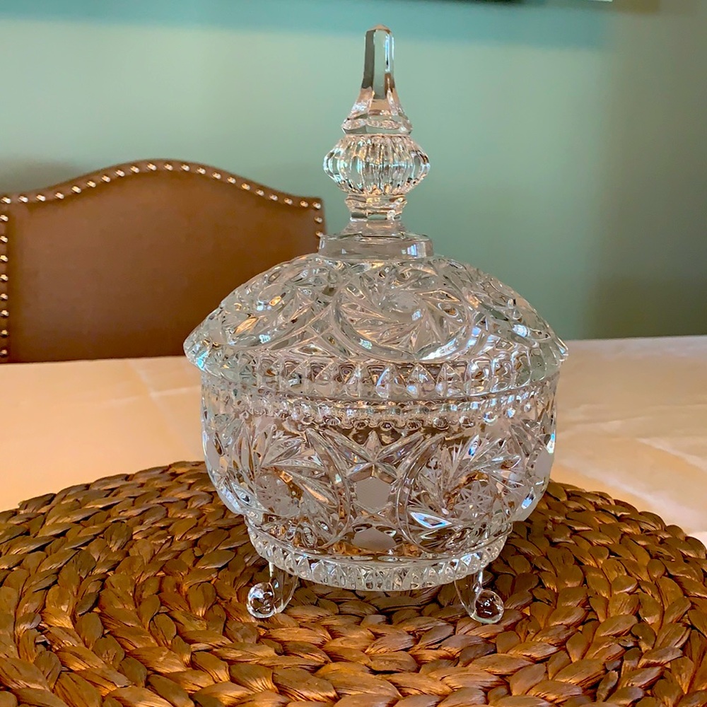 Vintage glass bowl with glass decorative lid.